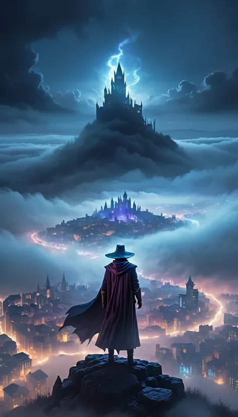 fantasy dark mage standing on hill above city, mysterious fog emanating from hands covering entire fantasy city, barely visible under fog, comic book art style, detailed character, cinematic lighting, dramatic clouds, moody atmosphere, high quality, 8k, hy...