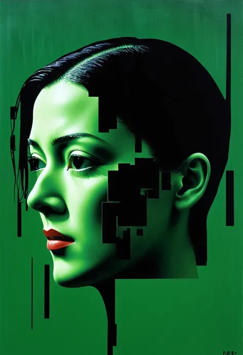 The Matrix movie Neo by René Magritte，Weird misplaced art：Collage画，There are many different things on the face，Geometric Dislocation，Collage，Artistic sense，Painting，paint，Simple，green black shadowy somber