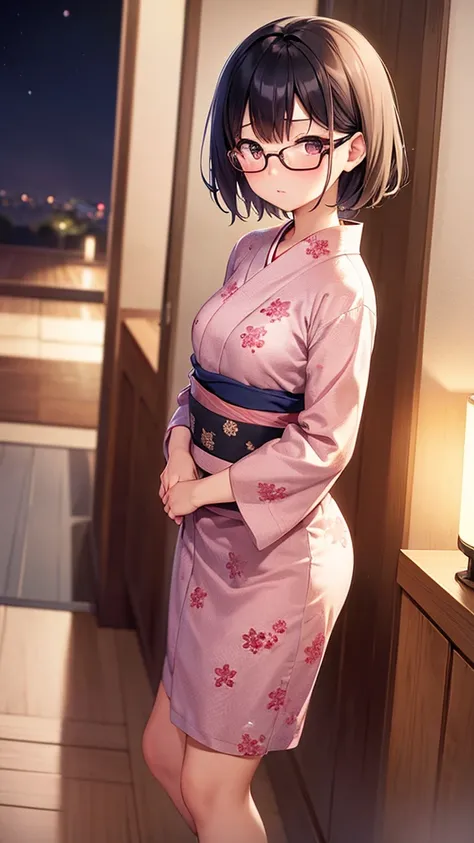 high resolution,high quality,whole body,blush,One person,student,Girl,yukata,Details,Black Hair,Short Hair,Glasses,Brown eyes,Small breasts,Small breasts,corridor,night,Are standing,just out of the bath,steam,