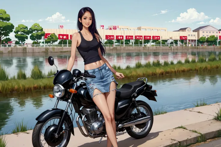 realistic anime illustration of pretty slender asian woman is posing near her motorcycle, holding a black helmet, riverside village scenery, looking at viewer, she has black hair, she wearing black tanktop, light-blue denim pencil mini skirt, (1girl, solo,...