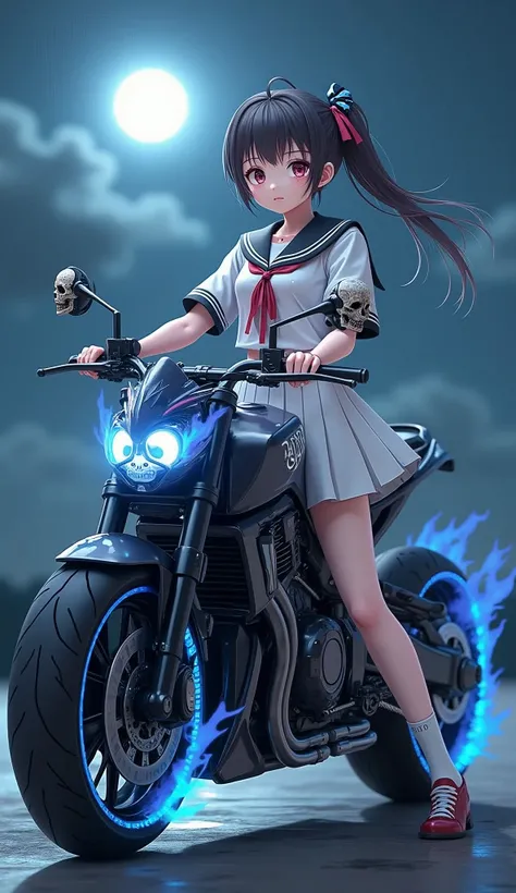 17-year-old Waifu School Girl posando na frente de uma motocicleta futurista, the motorcycle has skulls and blue flames highly detailed 3D graphics, night scenery with full moon in the background, she is wearing a  White SchoolUniform with 3D skulls and fl...