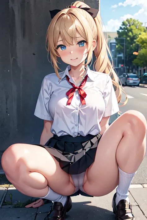 (Highest quality)), ((masterpiece)), (detailed), Natural light，Perfect Anatomy，(((A Cute High School Girl，Wearing a white open collar shirt and black skirt 1.8))),Very sexy，A young woman with a baby face，Small breasts，とてもSmall breasts，Woman squatting with ...