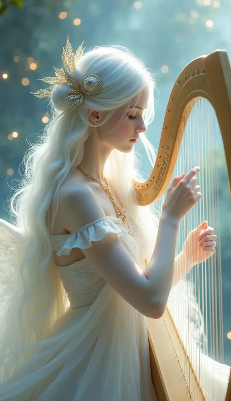 This image depicts a serene, ethereal scene featuring a delicate figure playing a harp. The character appears otherworldly, with pale skin and long, flowing white hair adorned with intricate, shimmering accessories. The setting seems to be a dreamy, celest...