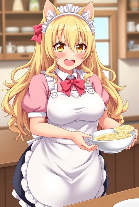 best quality, masterpiece, highres, solo, {ashigara_kantaicollection:1.15}, long_hair, blonde_hair, curly_hair, honey_eyes, dog_ears, breasts, open_mouth, wavy_hair, blush, large_breasts, hair_between_eyes, 1girl, apron, maid_outfit, food, holding_bowl, li...