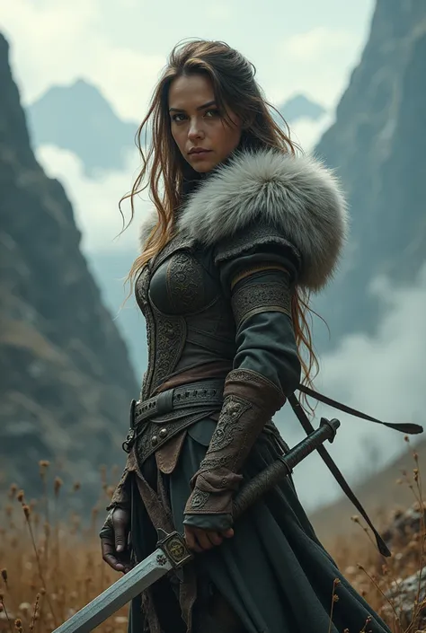 A fierce warrior girl, intricate fur armor, detailed face and eyes, long flowing hair, fierce expression, holding a large sword, dramatic lighting, fantasy landscape, cinematic composition, epic fantasy, highly detailed, photorealistic, 8k