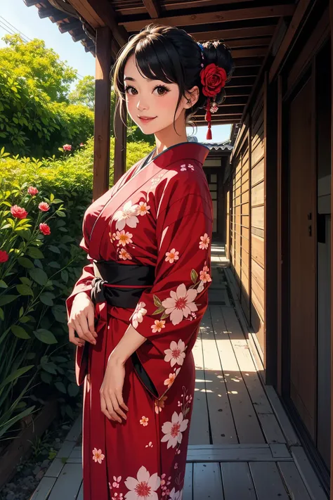 1 female, brown updo hairstyle, wearing red with flower pattern yukata, standing inside japanese traditional house, smile,