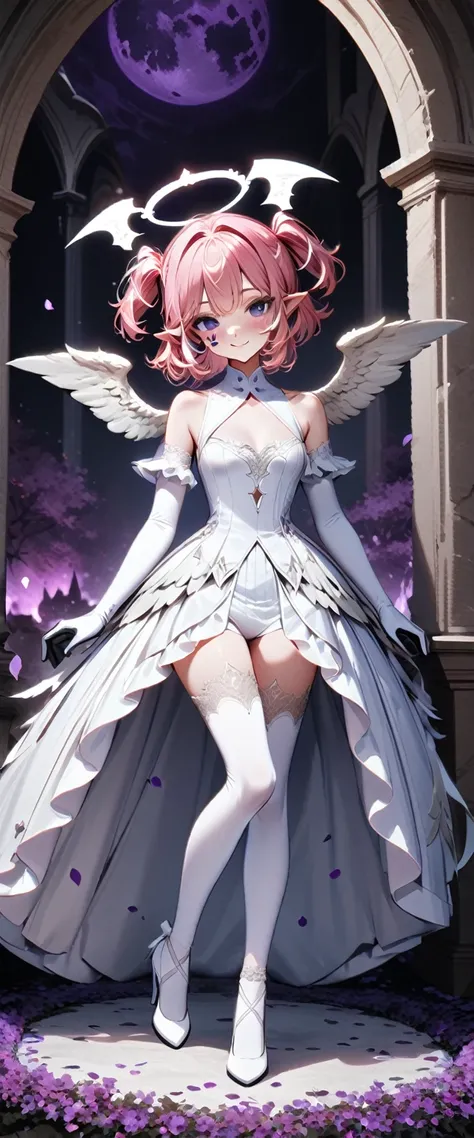 UHD, masterpiece, best quality, extremely detailed, anatomically correct, sharp focus, Midnight, purple moon, Church , altar isle, falling petals, ((full body portrait)), 1girl, solo, camilavtuber, ((pink hair)), short hair, shoulder length hair, curly hai...