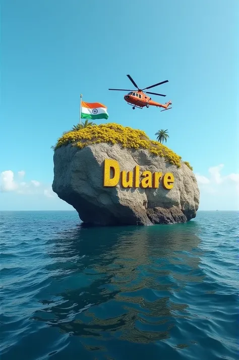 Create an image of a deep sea with a huge old rock in its middle, blue sky, a helicopter flying above it, the name Dulare mix golden colour written on the rock, yellow stones all around and the Indian flag fluttering behind the rock.