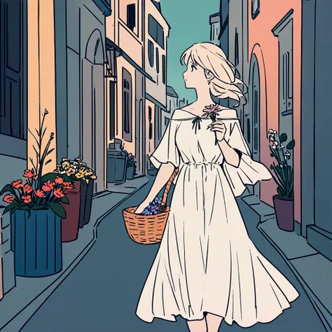 A woman in a white dress, a basket of flowers in her hand, flat colors, chic and soft atmosphere, faint light, walking through the streets of a European city, plants, simple and beautiful color scheme, swaying in the wind, summer.