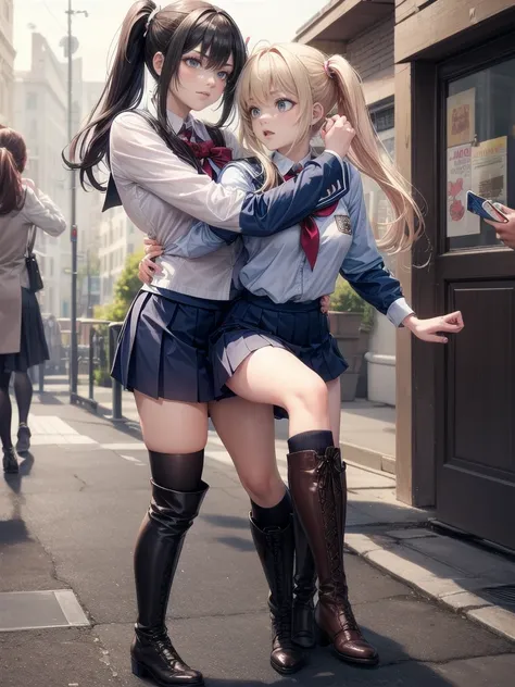 A ponytailed girl fighting in a school uniform and long boots