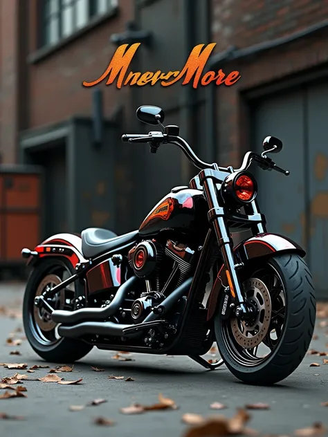 logo "MneverMore" stylish letter logo front, background  realistic with Harley Davidson fatboy custom, aesthethic