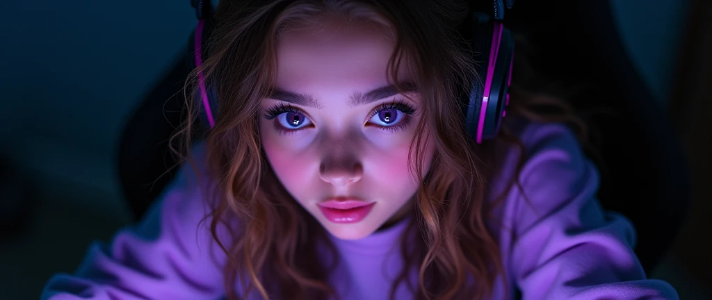 8 K, Beautiful young gamer girl, On a black background, at the computer, Close-up, first person, ((long curly brown hair)), Big purple eyes, eyelashes, in a sweatshirt, on which the inscription "Rachel Toxic" Inscription on clothes, 