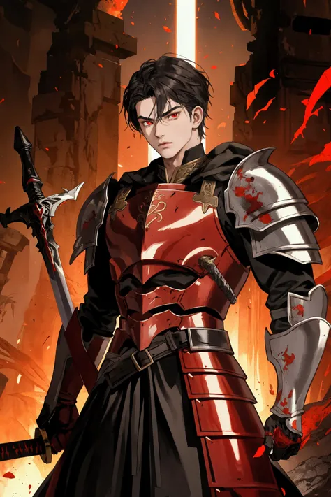 Olive skin, young man, brutal, red eye, Antiquity, black blood red armor, Sword of black steel, anime style