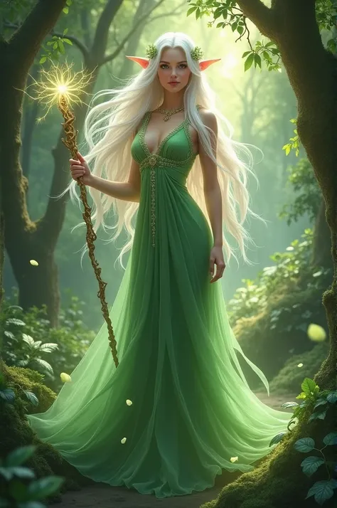 A goddess with a long white hair with a green dress and holding a wand and her ears look like a fairy