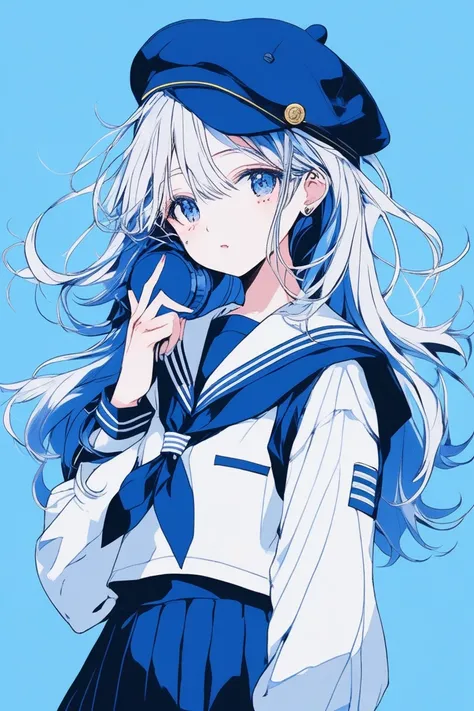 ((masterpiece,Highest quality)), 8k, anime , Realistic ,sketch, anime風のポートレート, 黒猫を連れたanimeの女性, 18-year-old, Blue gradient background, High school girl sailor uniform, Neon Hair, lip, Big eyes, Wear headphones, Texture Trim, Japanese, whole body, (masterpie...