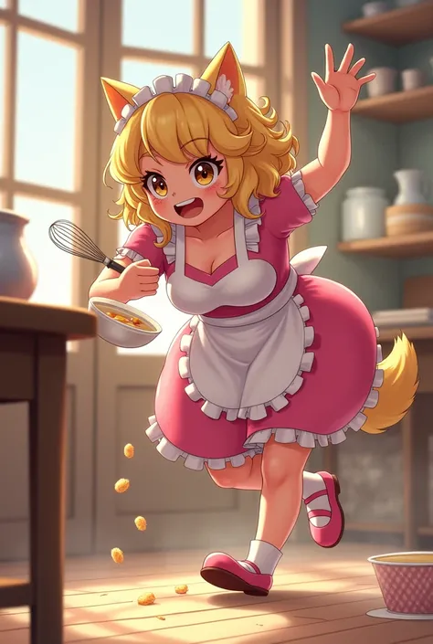 one dog-eared woman, blond curly hair, pink and white maid outfit, cat cafe, cafe, bakery, holding bowl full of batter, tripping towards camera, clumsy, action shot, falling towards viewer, spilling batter, whisk in hand, cute, dog tail, falling, cozy, big...