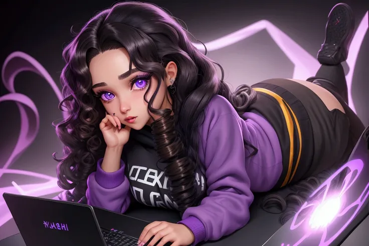 8 K, Beautiful young gamer girl, On a black background, at the computer, Close-up, first person, ((long curly brown hair)), Big purple eyes, eyelashes, in a sweatshirt, on which the inscription "Rachel Toxic" Inscription on clothes, 