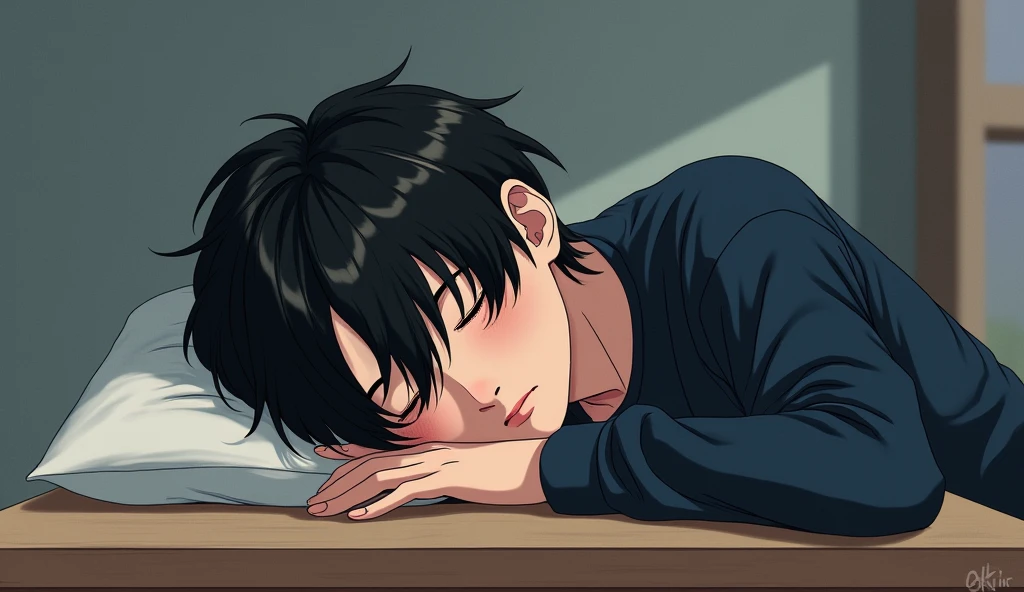 realistic manhwa art, a man is sleeping on the table, his characteristic is black comma hair 