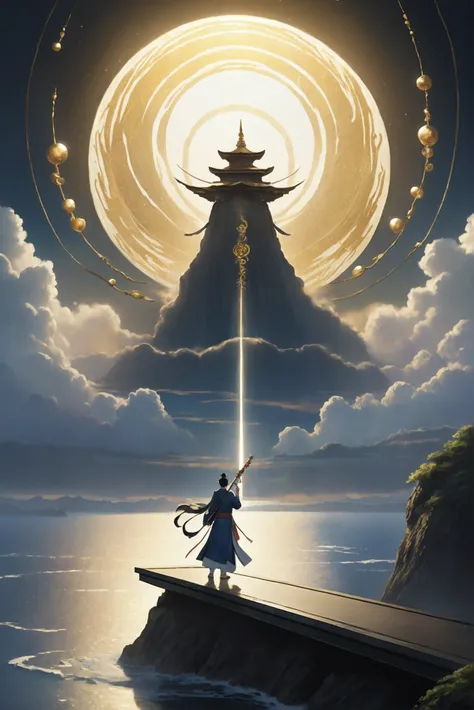 Prompt:

Izanagi and Izanami stand on the celestial bridge of heaven, which arches gracefully across the expanse of the sky. The bridge is crafted from shimmering stardust and glowing clouds, casting a gentle light on the dark, swirling sea below. Izanagi ...