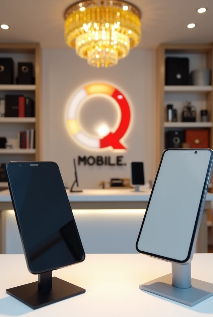 View of the reception shop of a mobile shop, with right left mobiles rage, gray or white accents, a warm yellow crystal chandelier, and a shop logo on the wall behind the reception desk, "Q MOBILE." ", there is right left mobiles on the stands, "Q" is red ...