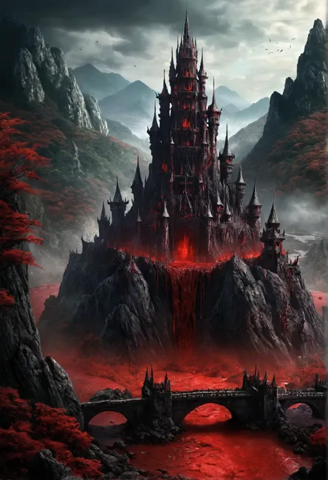 Scenery of the Demon World、The devils castle towers、fear々A castle of a devil with a scary appearance、A river of blood flows、A huge mountain々can be seen in the distance、Realistic texture、High-detail images