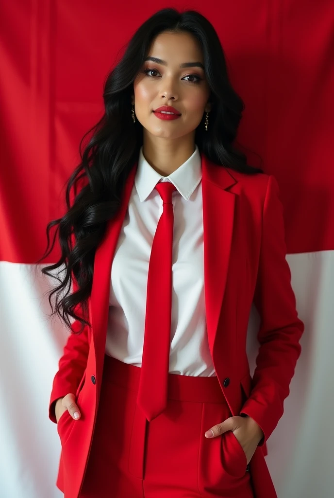 Portrait, Beauty Woman, Focus Camera, Black Hair, Long Hair, Earring, Shirt White, Blazer Red, Tie Red, model pose, hands in trouser pockets, Indonesian flag background