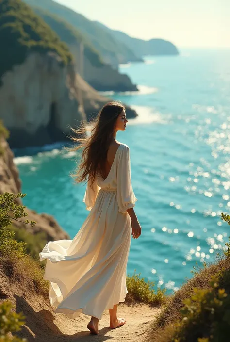 A woman walking towards the sea