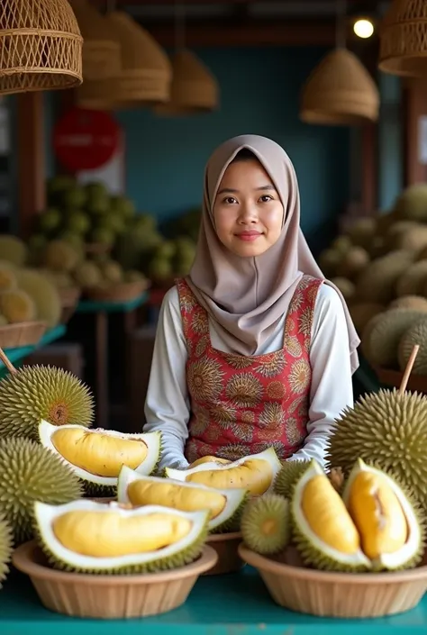 

a woman aged 17 yo wearing a hijab with long dress, sitting in front of a table full of a variety of durian, some durians is cut in a half placed in the transparent plastic food container, the durians texture looks real, some durians placed in the bamboo...