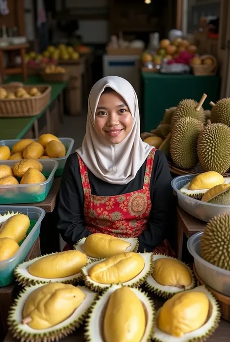 

a woman aged 17 yo wearing a hijab with long dress, sitting in front of a table full of a variety of durian, some durians is cut in a half placed in the transparent plastic food container, the durians texture looks real, some durians placed in the bamboo...