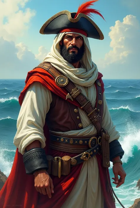 An Arab pirate with a headscarf and a colorful pirate hat