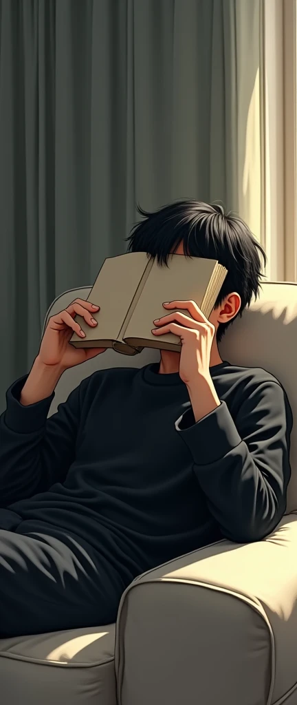 realistic manhwa of a man lying on a sofa with his face covered by a book, has comma-style hair, black clothes.