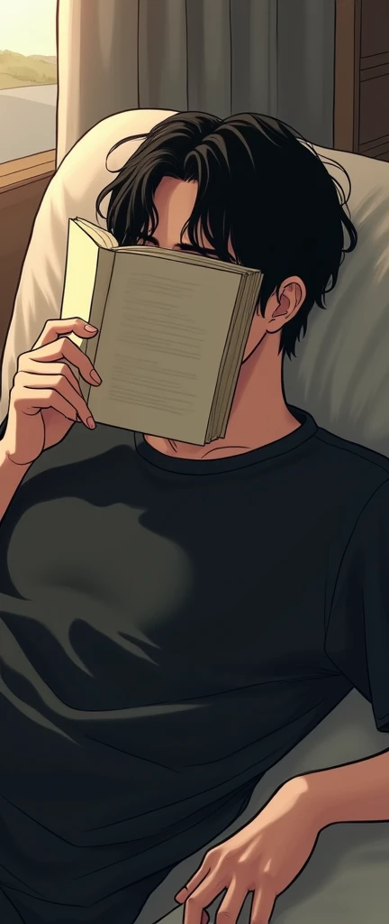 realistic manhwa of a man lying on a sofa with his face covered by a book, has comma-style hair, black clothes.