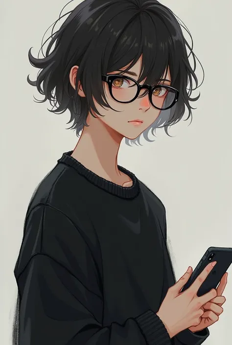 there is a woman with glasses and a black shirt holding a cell phone, halfbody headshot, around 1 9 years old, with short hair, very very low quality picture, high quality portrait, no makeup wavy hair, androgynous person, low quality photo, low quality ph...