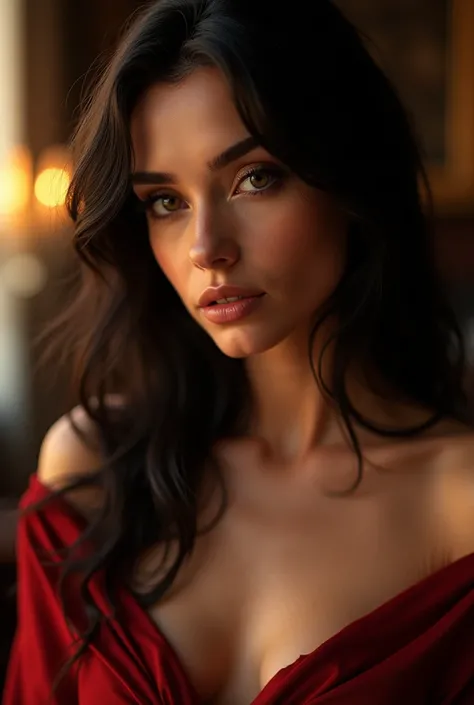 long wavy dark hair, beautiful detailed eyes, beautiful detailed lips, extremely detailed face and portrait, elegant lady, sexy woman, (best quality,4k,8k,highres,masterpiece:1.2),ultra-detailed,(realistic,photorealistic,photo-realistic:1.37),studio lighti...