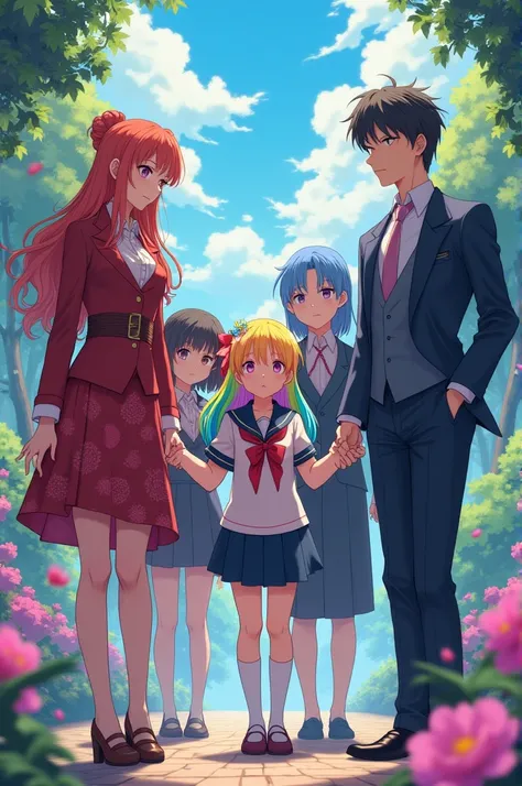 My whole family transmigrated with me anime gaccha style with a father a mother two guy and a girl with a rainbow haired school girl