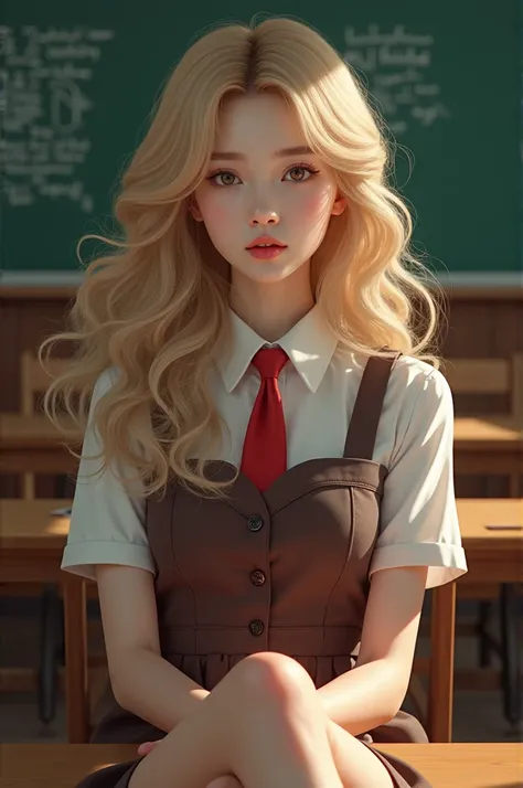 Jimin do bts, Woman, Schoolgirl, blonde and curly hair, sitting at the teachers desk with her legs crossed 