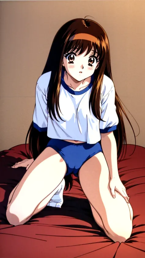 Yuki Mizuho, One person, One personで, Long Hair, hair band, Brown Hair, (gym uniform,(blue brown:1.2), (white shirt, short sleeves:1.1), thighs:1.3),(navel:1.3),(cameltoe:1.3), Thats not a leotard.., Open your mouth, blush, Lips parted, liar, On the bed,On...