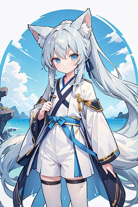 One person, solo, Long Hair, chest, ponytail, Fox Ears,Gray Hair,Light blue hair tips,tall,He is holding a large, sky-blue naginata that is as beautiful as a national treasure.,Shorts,Quarter Tights,Wearing a white suit