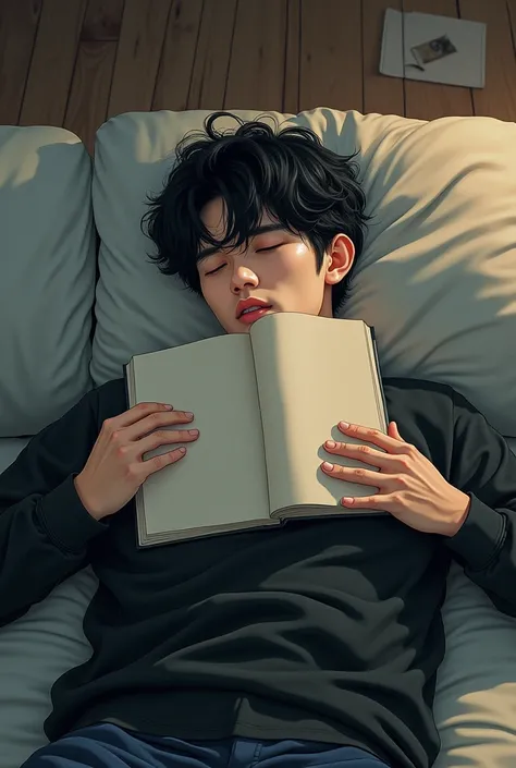 A realistic manhwa depicting a man sleeping on a sofa with his face covered by a book., has comma-style hair, black clothes. fair skin 