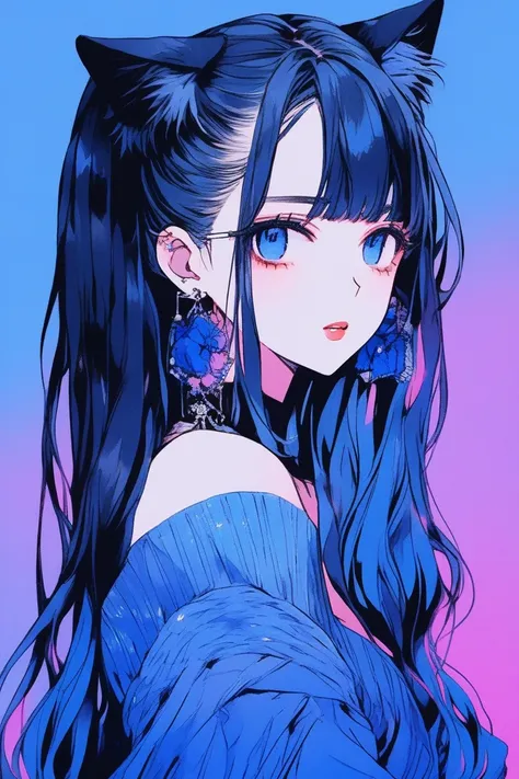 ((masterpiece,Highest quality)), 8k, anime , Realistic ,sketch, anime風のポートレート, 黒猫を連れたanimeの, Blue gradient background, Off-the-shoulder knit, Neon long twin tail hair, lip, Big earrings, Texture Trim, Canadian, Upper Body, (masterpiece,Highest quality)