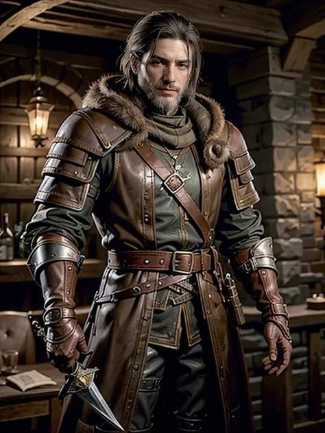 Medieval Europe、Veteran Mercenary、Adventurer、Bard、Drifter、One Man、Middle-aged man、Eye patch、Sharp Eyes、(Brown Hair with Gray Streaks、Short Hair、Short Beard)、(Witcher jacket、Leather Belt、Leather gloves、Dirty cloak、Familiar Sword、Leather boots、Leather satche...