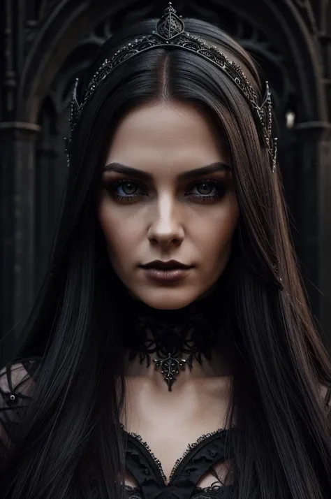 1 european gothic woman, pretty face, long straight hair, ultra detailed face and eyes, hyperrealistic, realistic representation...