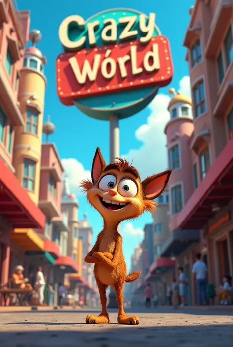 Animated series character in a city with a sign that says crazy world in Spanish