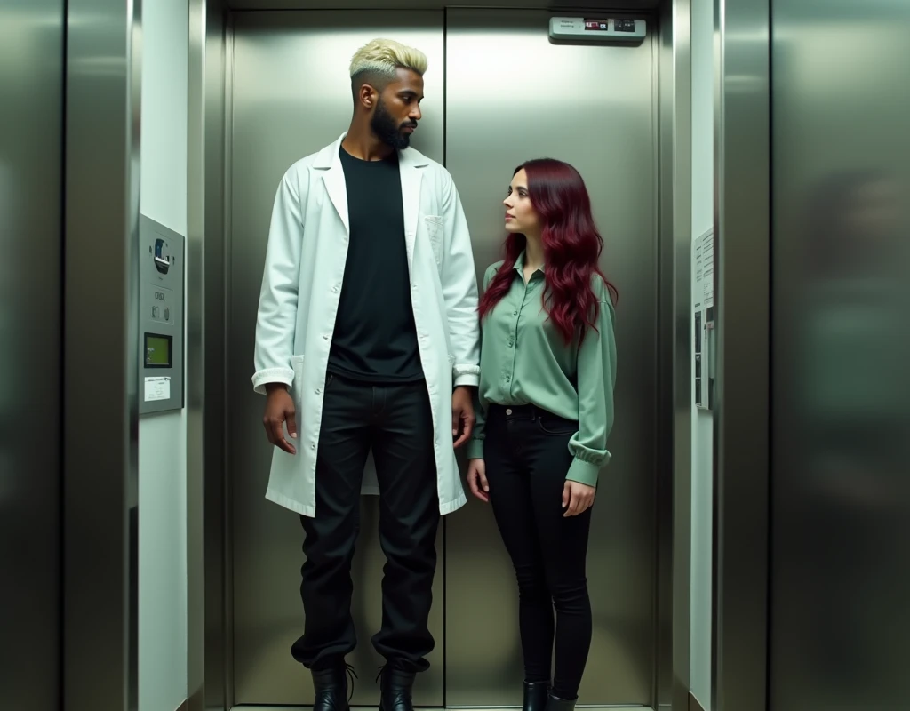 Very tall attractive Arab man (height exaggerated:1.6), standing inside an elevator. He has platinum blond wavy swept-back crew cut hair, dark skin, long black stubble, wearing a white lab coat over a black t-shirt, black cargo pants, and black boots. Next...