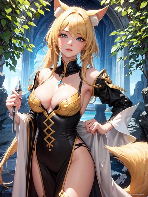 (Ultra extreme detailed),(Masterpiece),(Ultra extreme),(Realistic),CG,(color:1.2), Strong lighting,Light from behind,evaluation:Safety,A blonde person alone, color,Blonde ponytail,Green Eyes,水color shrite,short_Magic Robe Costume、、Gemstone pendant、Tights K...