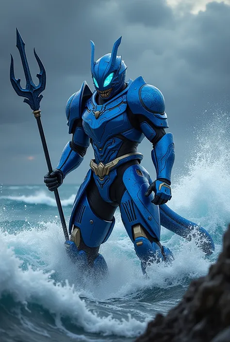 Kamen Rider, blue shark samurai armor, trident weapon, sea wave background, fighting pose