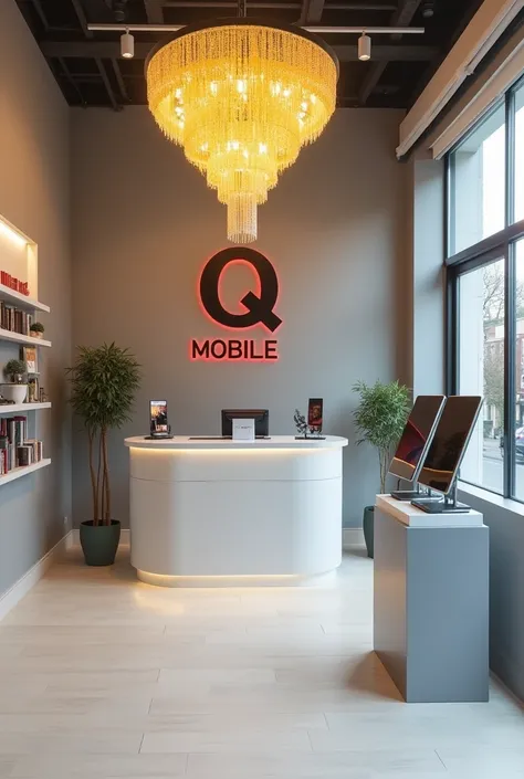 Front View of the mobile shop, with right left mobiles rage, gray or white accents, a warm yellow crystal chandelier, and a shop logo on the wall behind the reception desk, "Q MOBILE." ", there is right left mobiles on the stands, "Q" is red and "MOBILE" c...