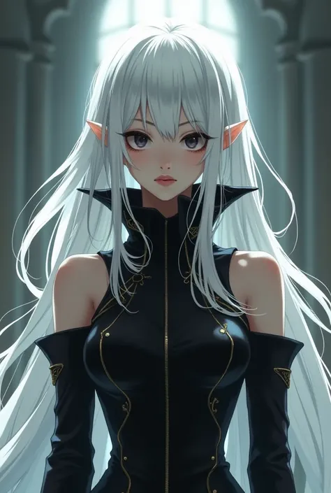 tall woman with long white hair, with bangs curtain, with black eyes, dressed in a black dress with an anime-style collar 