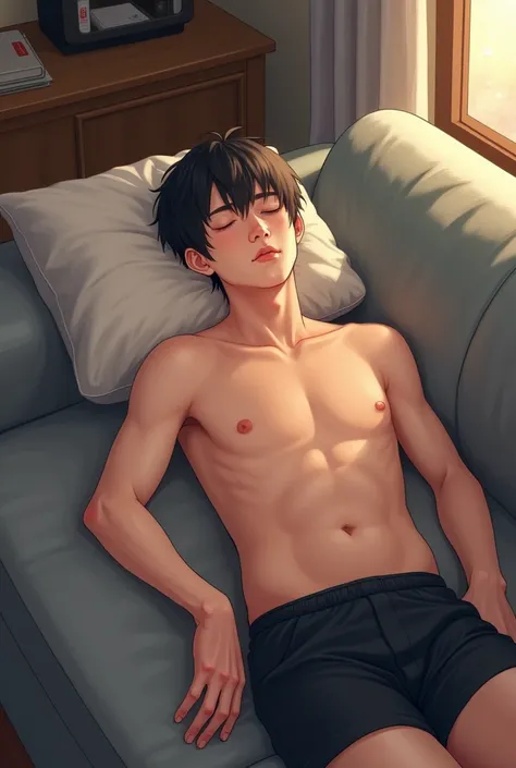 realistic manhwa art of a man sleeping on a sofa, memiliki rambut model comma, black shorts. fair skin 