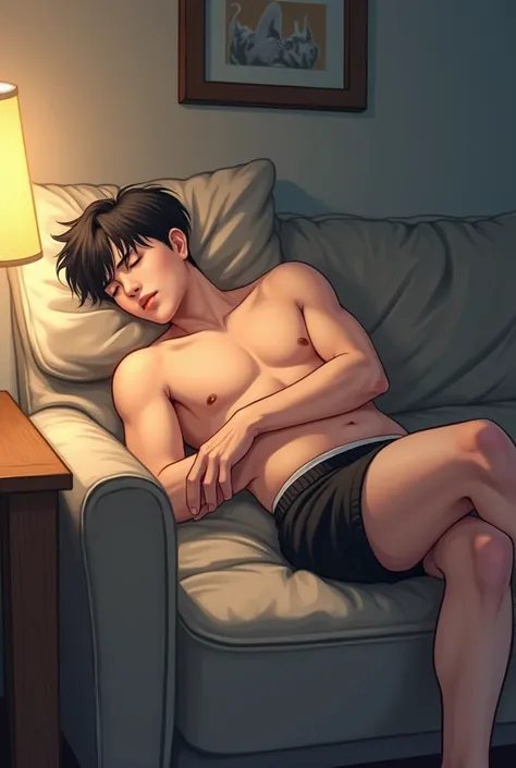 realistic manhwa art of a man sleeping on a sofa, memiliki rambut model comma, black shorts. fair skin 